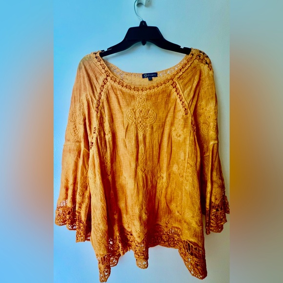 DEMOCRACY, lace-enhanced Tunic Blouse; Maize/Saffron/Sunflower yellow color - Picture 1 of 5